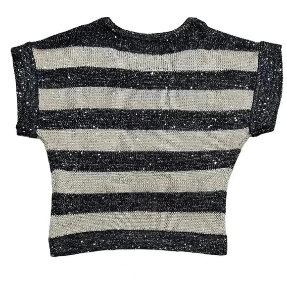 Sequinned striped knit short sleeve sweater, Medium, cream & blue Coastal Preppy - Picture 7 of 8